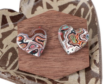 Chocolate Rainbow Heart Recycled Street Art Earrings - Marbleized Fordite Style Earrings with Sterling Silver Posts