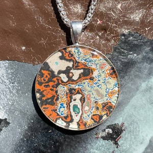 Graffiti Fordite Necklace on a Silver Chain - Recycled Street Art in a Round Sterling Silver Pendant on a 22" Necklace