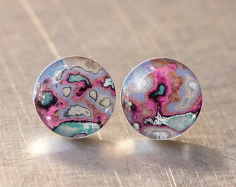Gemstone Graffiti Silver Stud Earrings - Marbled Agate Style Earrings in Pink & Purple Set in Sterling Silver