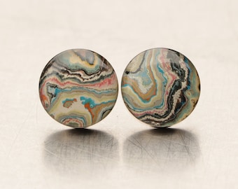 Worked Graffiti Silver Stud Earrings - Marbled Agate Style Earrings Set in Sterling Silver
