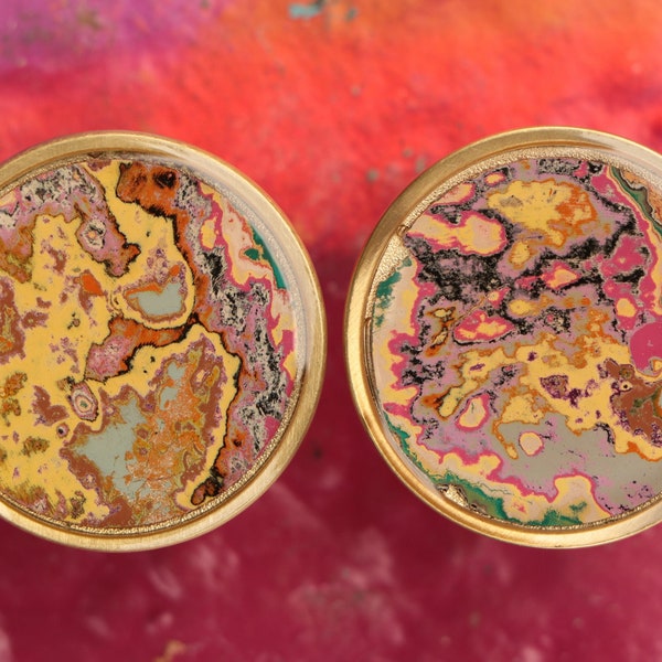 Gemstone Graffiti Furniture Pulls - A Matching Pair of Pink & Yellow Knobs in Brushed Gold Hardware