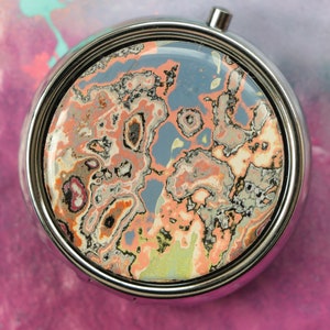 Edelsteen Graffiti Pill Case - Gemarmerde Een Compartiment Pill Box voor Portemonnee of Zak - Zilver Tone Scharnierende Pil Container