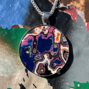 Graffiti Fordite Necklace on a Silver Chain - Recycled Street Art in a Round Sterling Silver Pendant on a 22" Necklace