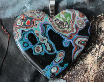 Recycled Graffiti Heart Pendant in Black & Blue  - Refined Street Art in a Heart Shaped Pendant - Heart Necklace