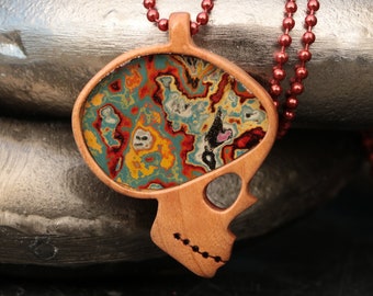 Gemstone Graffiti Skull Pendant on a Ball Chain Necklace - Reclaimed Street Art in a Cherry Wood Pendant - Polished Graffiti Wooden Necklace