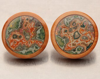 Worked Graffiti Button Earrings - Marbled Agate Style Earrings in Wood