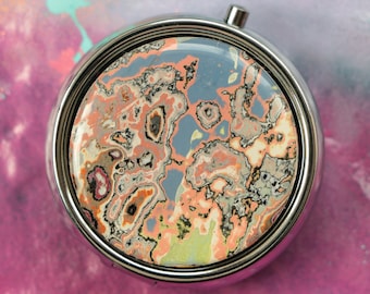 Gemstone Graffiti Pill Case - Marbleized One Compartment Pill Box for Purse or Pocket - Silver Tone Hinged Pill Container