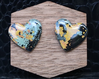 Camo Heart Recycled Street Art Earrings - Marbleized Fordite Style Earrings with Sterling Silver Posts