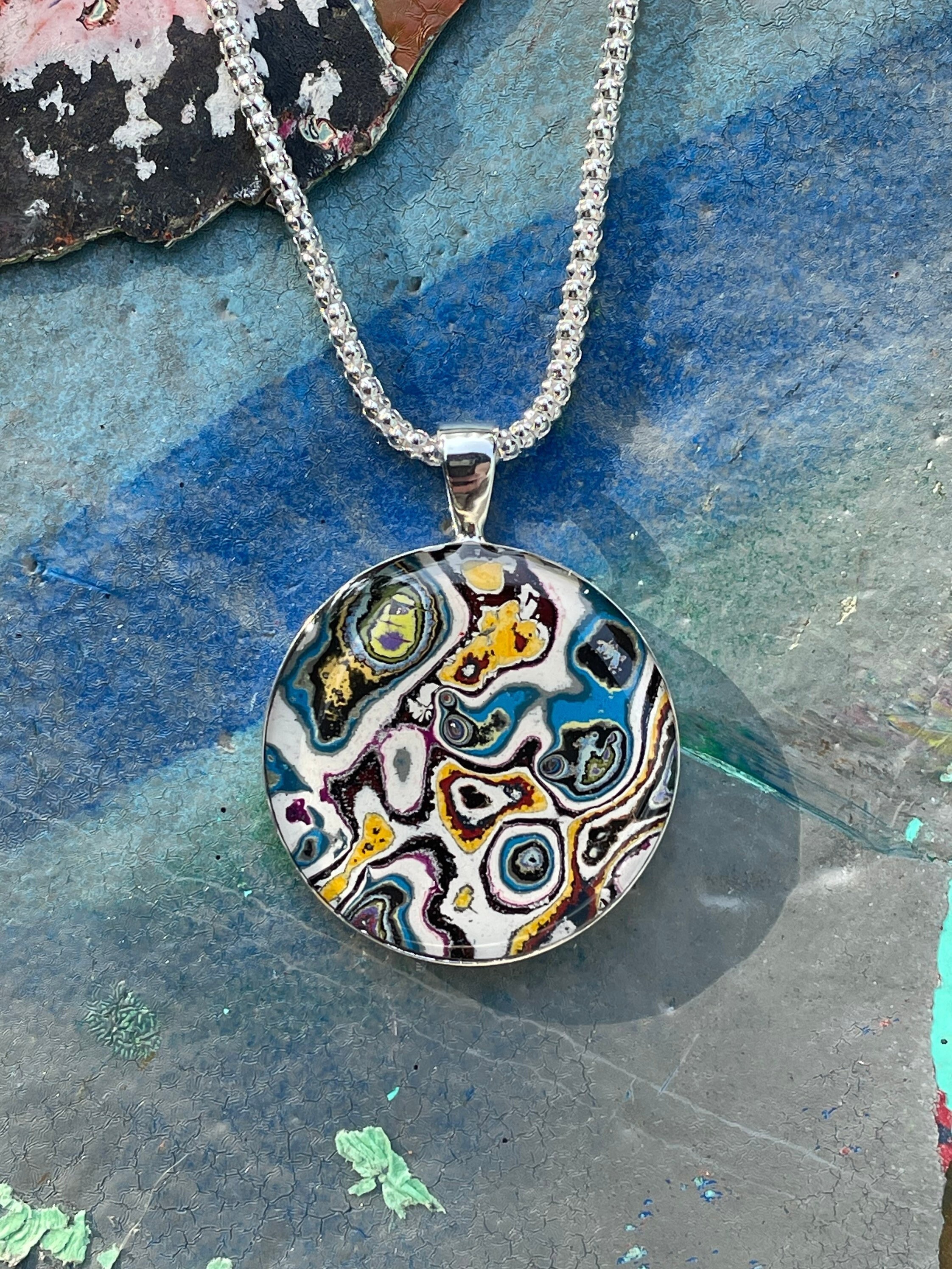 Graffiti Fordite Necklace on a Silver Chain - Recycled Street Art in a Round Sterling Silver Pendant on a 22" Necklace