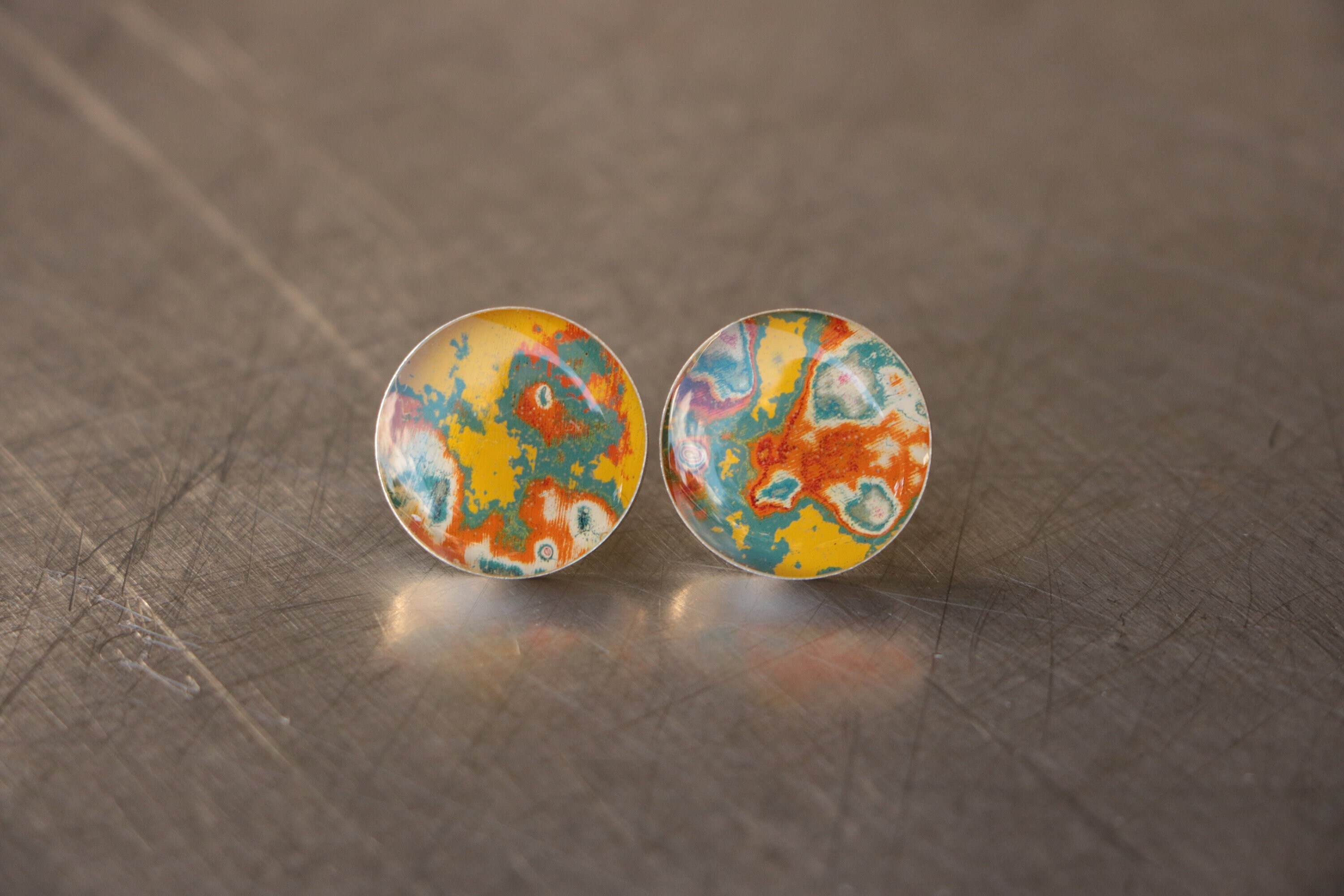 Gemstone Graffiti Silver Stud Earrings - Marbled Agate Style Earrings in Yellow & Teal Set in Sterling Silver