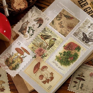 60 Pieces Stamp Sticker Pack, Botanical Scrapbook, Woodland Journal, Autumn Planner, Forest  Mushroom Bird Flowers Rabbit Nature Crafts