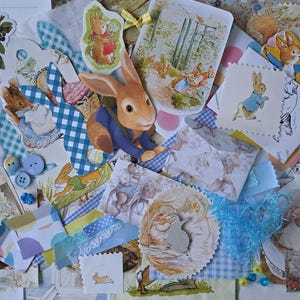 May include: A collection of paper ephemera featuring Peter Rabbit illustrations, including die-cut rabbits, blue gingham patterns, small envelopes, scalloped paper circles, blue buttons, and light blue shredded paper filler for crafting projects.