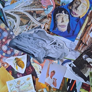 May include: A collection of diverse images and illustrations. A grayscale image of a damaged car is central. Other images include a bee, a person holding weights, a stained glass design, and a drawing of a diver.