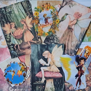 May include: A collection of fairy-themed paper prints and stickers featuring various illustrations of winged beings in forest settings, including fairies with baskets of fruit, reading on mushrooms, interacting with hummingbirds, and floral wreaths.