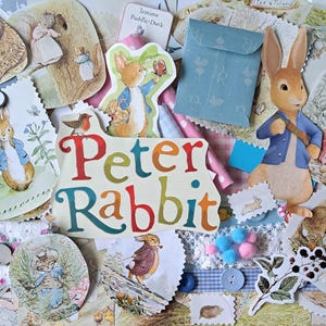 Beatrix Potter Junk Journal Paper Ephemera Pack: Fabric Lace Ribbon  Peter Rabbit Fussy Cuts Craft Kit 70 Pieces
