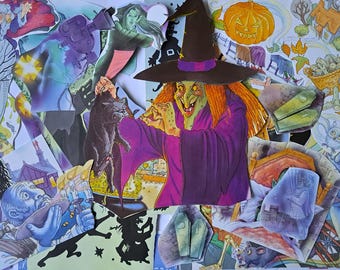 May include: A collage of Halloween-themed illustrations featuring a central witch in a purple robe and pointed hat holding a black cat, surrounded by images of a jack-o'-lantern, a cauldron, coffins, a ghost, and various spooky characters.