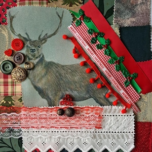 May include: A festive collage featuring a deer print, buttons, and ribbons. The image includes red and white lace, and ribbons with holly and "Merry Christmas" text. The colour scheme is dominated by reds, greens, and browns, evoking a Christmas theme.