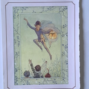 May include: A vintage-style illustration print featuring a winged fairy in a purple tunic leaping through the air whilst holding a glowing orange lantern. Below, two other winged figures are visible in a pale green setting with vine borders.