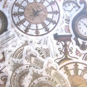May include: A selection of vintage clock stickers in different designs. The stickers showcase Roman numerals, decorative clock faces, and newspaper-style backgrounds. The colour scheme includes browns, beiges, and white.