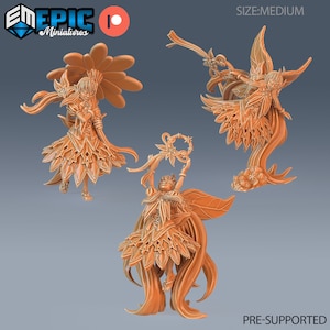 May include: Three 3D printed miniature figures of fairies with intricate details. Each fairy is wearing a flowing dress and has wings. One fairy is holding a flower, another is holding a wreath, and the third is holding a staff. The figures are pre-supported and are ready to be printed.