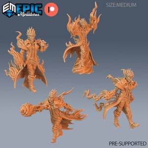 May include: A 3D printed miniature of a figure with flames, wearing a long coat and holding a staff. The miniature is pre-supported and is medium size. The miniature is printed in a light orange color.