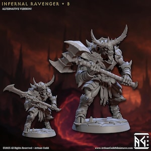Puede incluir: Una figura en miniatura gris y detallada de un Infernal Ravenger, sosteniendo una gran hacha. La figura est&aacute; en posici&oacute;n de batalla, con cuernos y armadura. El texto "INFERNAL RAVENGER + B" y "ALTERNATIVE VERSION!" es visible.