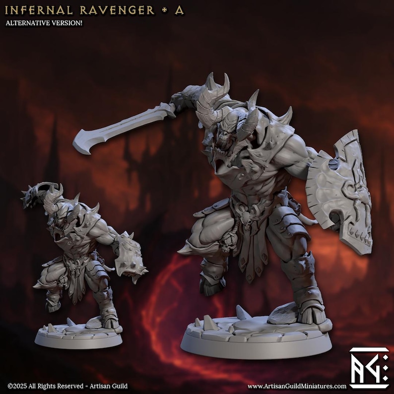 Puede incluir: Dos figuras en miniatura grises de Infernal Ravenger. Una figura posa con una espada y un escudo, la otra con una maza con p&uacute;as. Las figuras tienen cuernos, armadura y est&aacute;n sobre una base rocosa. El texto de la imagen dice "INFERNAL RAVENGER + A ALTERNATIVE VERSION!"