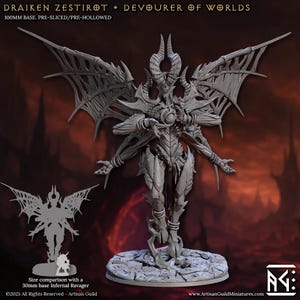 May include: A detailed, gray miniature figure of Draiken Zestirot, the Devourer of Worlds, with large, intricate wings and multiple arms. The figure stands on a circular base. Text includes "DRAIKEN ZESTIROT + DEVOURER OF WORLDS" and "100MM BASE."