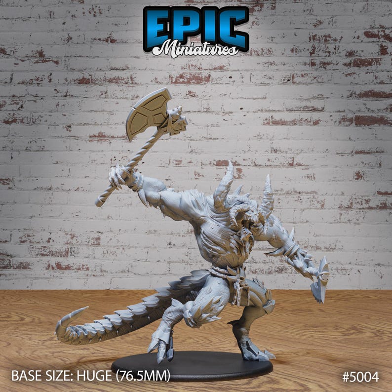 May include: A gray, unpainted miniature of a monstrous creature with horns, a tail, and a large axe. The miniature is posed in a dynamic action pose. The base size is HUGE (76.5mm). #5004