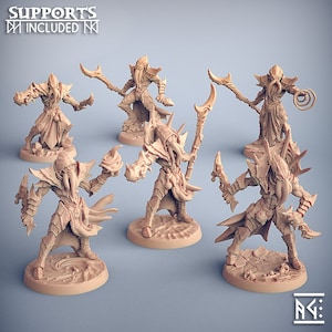 May include: A collection of six beige-colored fantasy miniatures. Each figure is intricately detailed, depicting armored humanoid creatures with elaborate headgear and weapons. The text "SUPPORTS INCLUDED" is visible at the top.