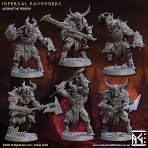 Puede incluir: Seis figuras en miniatura grises detalladas de Infernal Ravengers, cada una posando con armas y armaduras. Las figuras est&aacute;n sobre bases individuales, con el texto "INFERNAL RAVENGERS ALTERNATIVE VERSION!" en la parte superior. El logo de Artisan Guild est&aacute; en la esquina inferior derecha.