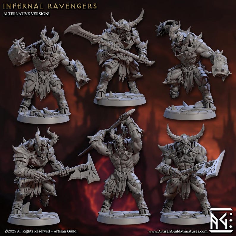 Puede incluir: Seis figuras en miniatura grises detalladas de Infernal Ravengers, cada una posando con armas y armaduras. Las figuras est&aacute;n sobre bases individuales, con el texto "INFERNAL RAVENGERS ALTERNATIVE VERSION!" en la parte superior. El logo de Artisan Guild est&aacute; en la esquina inferior derecha.