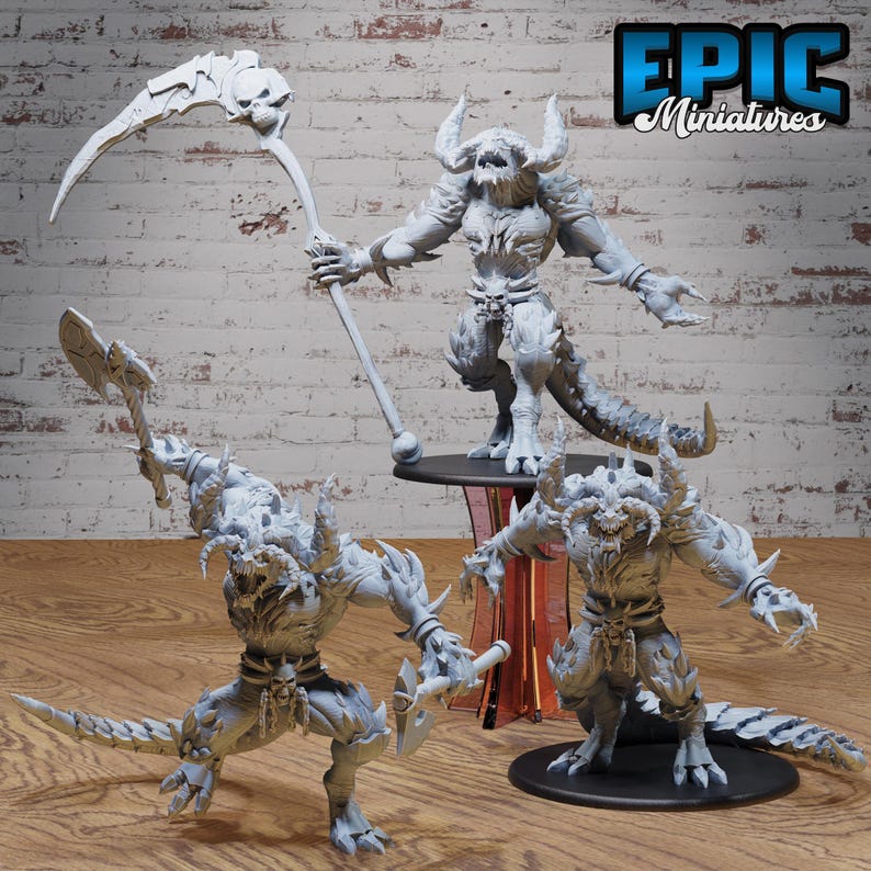 May include: Three gray, detailed, 3D printed miniatures of demonic creatures. The figures are posed in dynamic stances and feature horns, claws, and tails. The miniatures are from the company "EPIC Miniatures".