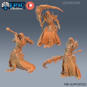 May include: Three orange-brown miniature figures of hooded fantasy characters. One figure holds a scythe, another a mace, and the third a weapon with a mechanical arm. The figures have skull-shaped accents and are wearing robes. The text "PRE-SUPPORTED" is visible.
