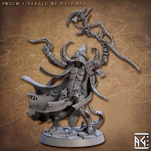 May include: A gray, detailed miniature figure of a skeletal, hooded figure with a staff and a cloak. The figure is posed in a dynamic stance, with one hand raised and the other holding the staff. The figure is standing on a circular base.