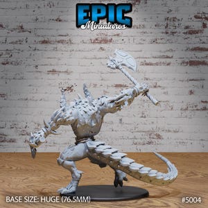 May include: A gray, detailed miniature of a monstrous creature with a spiked tail and a large axe. The miniature is standing on a black base. BASE SIZE: HUGE (76.5MM) #5004