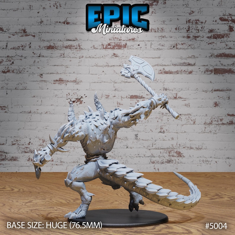 May include: A gray, detailed miniature of a monstrous creature with a spiked tail and a large axe. The miniature is standing on a black base. BASE SIZE: HUGE (76.5MM) #5004