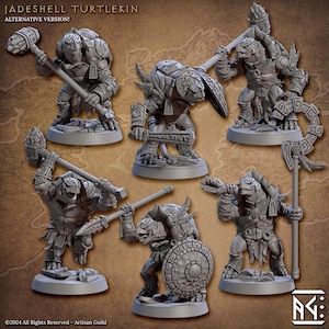 May include: Six grey plastic miniature figures of turtle-like creatures with different weapons and shields. The figures are posed in a fighting stance and are set against a brown background. The text "Jadeshell Turtlekin" and "Alternative Version!" is visible at the top of the image.