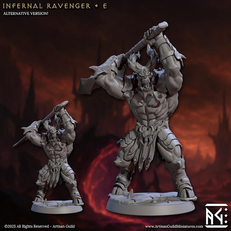Puede incluir: Figura en miniatura gris y detallada del Infernal Ravenger, sosteniendo un arma grande. La figura es musculosa y est&aacute; sobre una base de piedra. El texto "INFERNAL RAVENGER + E ALTERNATIVE VERSION!" es visible.