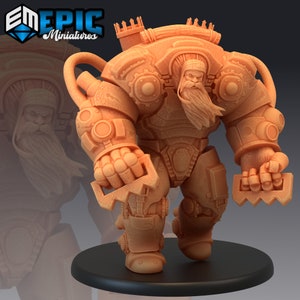 May include: A 3D printed miniature of a dwarf in a large, detailed, mechanical suit. The dwarf has a long white beard and is holding a large, mechanical weapon in each hand. The suit is made of metal and has a variety of gears, pipes, and other mechanical details. The miniature is painted in a light brown color.