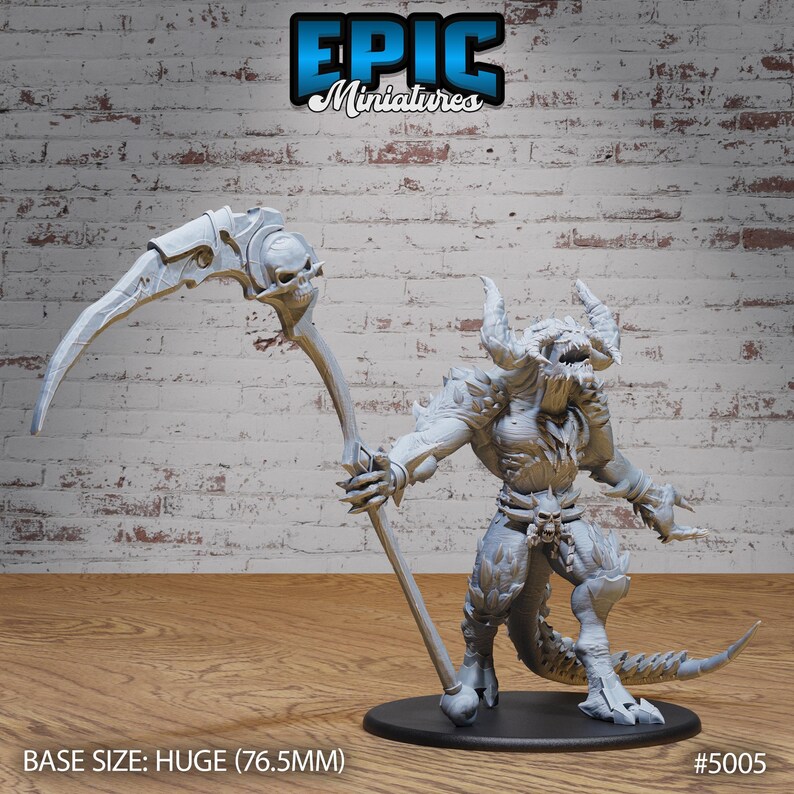 May include: A gray, detailed miniature of a monstrous creature with horns, holding a large scythe with a skull at the top. The base is black and the miniature is 76.5 mm tall. #5005