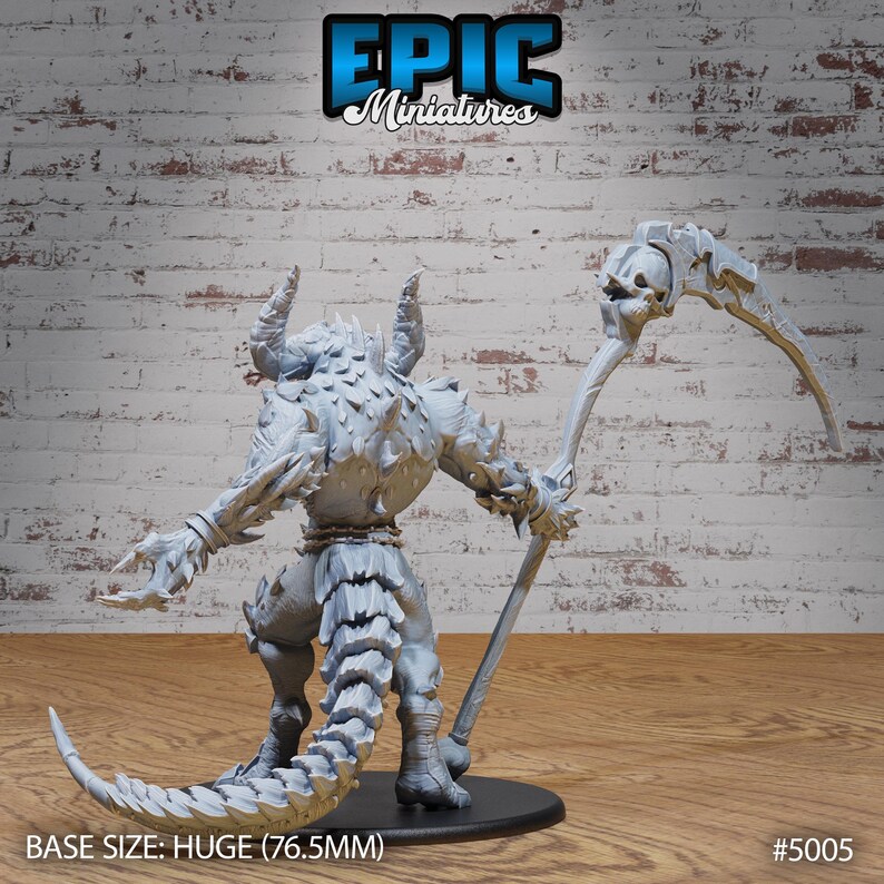 May include: A gray, detailed miniature of a demon with horns, a long tail, and a skeletal scythe. The miniature is standing on a black base. BASE SIZE: HUGE (76.5MM) #5005