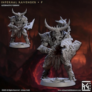 Puede incluir: Una figura en miniatura gris y detallada de un Infernal Ravenger, una criatura demon&iacute;aca con cuernos, sosteniendo un arma y un escudo. La figura est&aacute; sobre una base circular. El texto "INFERNAL RAVENGER + F ALTERNATIVE VERSION!" est&aacute; en la parte superior.