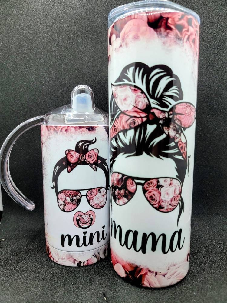 Mama and Mini Tumblers. Sippy Cup Tumbler. Messy Bun Mama. Etsy