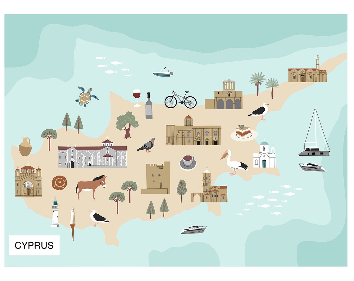 Cyprus Illustrated Map, Cyprus Island Poster, Cyprus Map Print, Travel Map, Island Wall Art ...