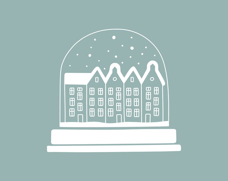 May include: A white snow globe with a row of houses inside. The snow globe is on a blue background.