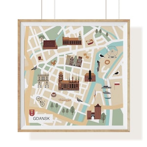 Gdansk, stadsplattegrond geïllustreerd, Polen, stadsposter, kaartafdruk, reiskaart, stadsmuurkunst, Wanderlust Design, digitale download