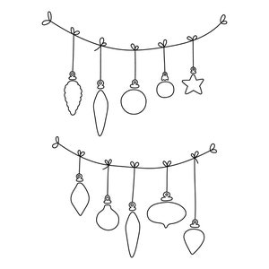May include: A black and white line drawing of two strings of Christmas ornaments. The top string has a star, two round ornaments, and two teardrop ornaments. The bottom string has a teardrop ornament, a round ornament, a teardrop ornament, and a round ornament.