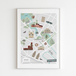 Minsk, Wit-Rusland, Stadskaart geïllustreerd, Stadsposter, Kaart afdrukken, Reiskaart, City Wall Art, Wanderlust Design, Instant Download