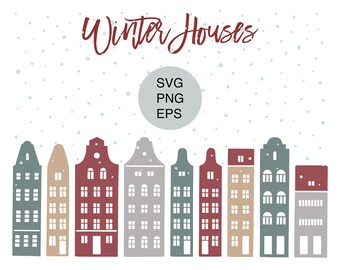 Christmas Town Houses Clipart: Hand-Drawn Winter Village (SVG, PNG, EPS)